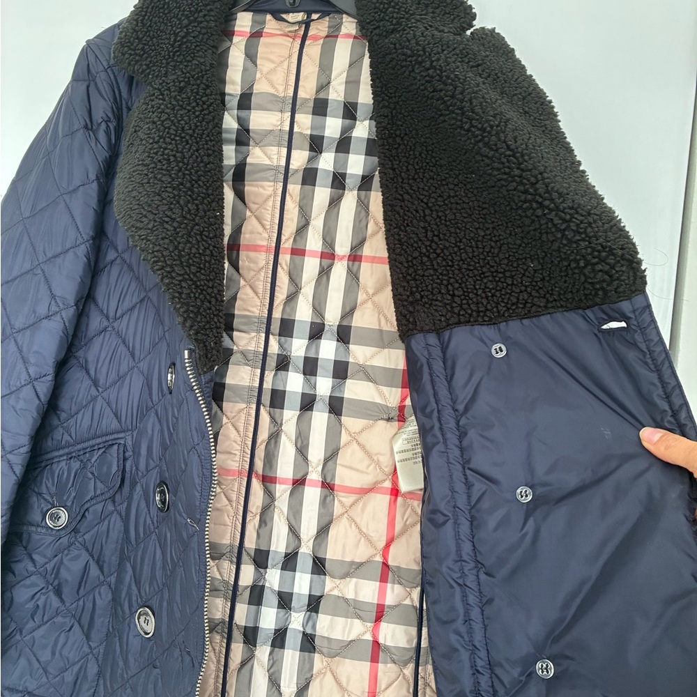 Burberry lDark Blue Quilted Pea Coat Car jacket with Black Shearling Collar L - Picture 7 of 12